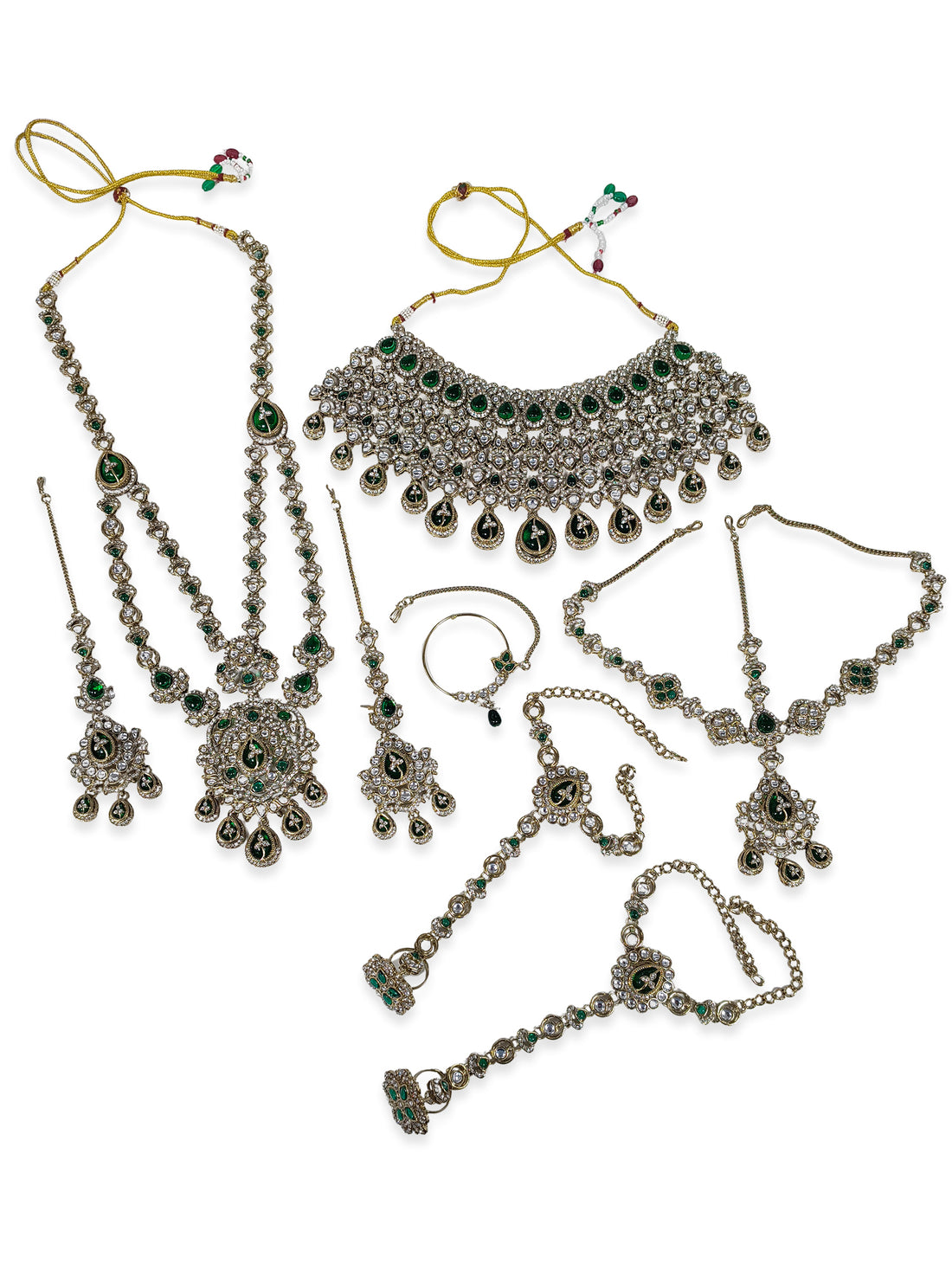KARATCART Traditional Mehndi Gold-Plated Green Beads Kundan Bridal Necklace Set for Women