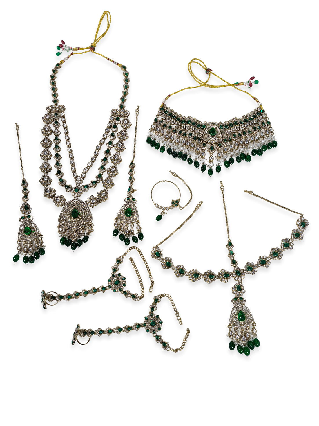 KARATCART Traditional Mehndi Gold-Plated Green Beads Kundan Bridal Necklace Set for Women
