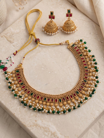 KARATCART Traditional Gold-Plated Multicolor Kundan Choker Necklace Set for Women