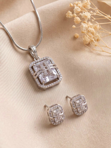 KARATCART Premium Silver-Plated White American Diamond Pendant Necklace Set for Women