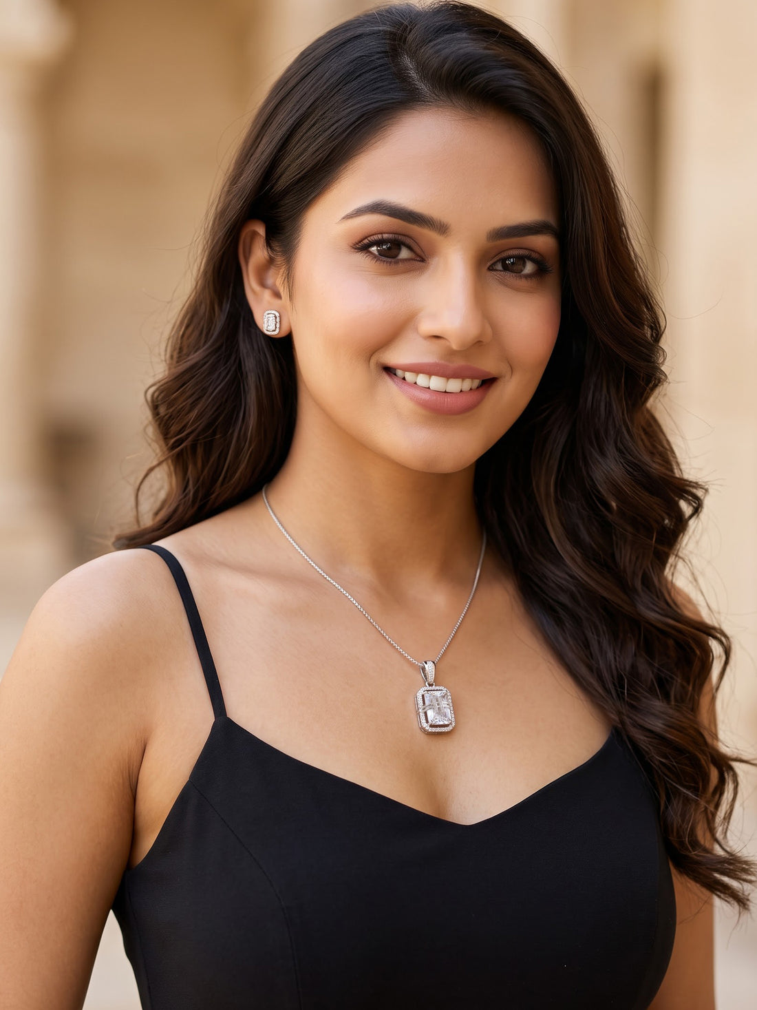 KARATCART Premium Silver-Plated White American Diamond Pendant Necklace Set for Women