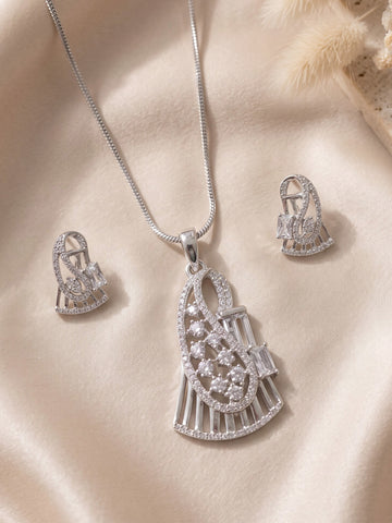 KARATCART Premium Silver-Plated White American Diamond Drop Pendant Necklace Set for Women