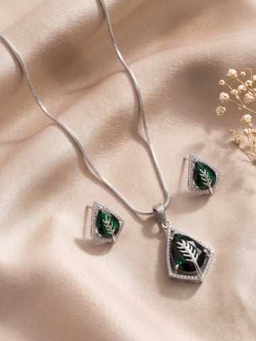 KARATCART Premium Silver-Plated Green American Diamond Leaf Pendant Necklace Set for Women