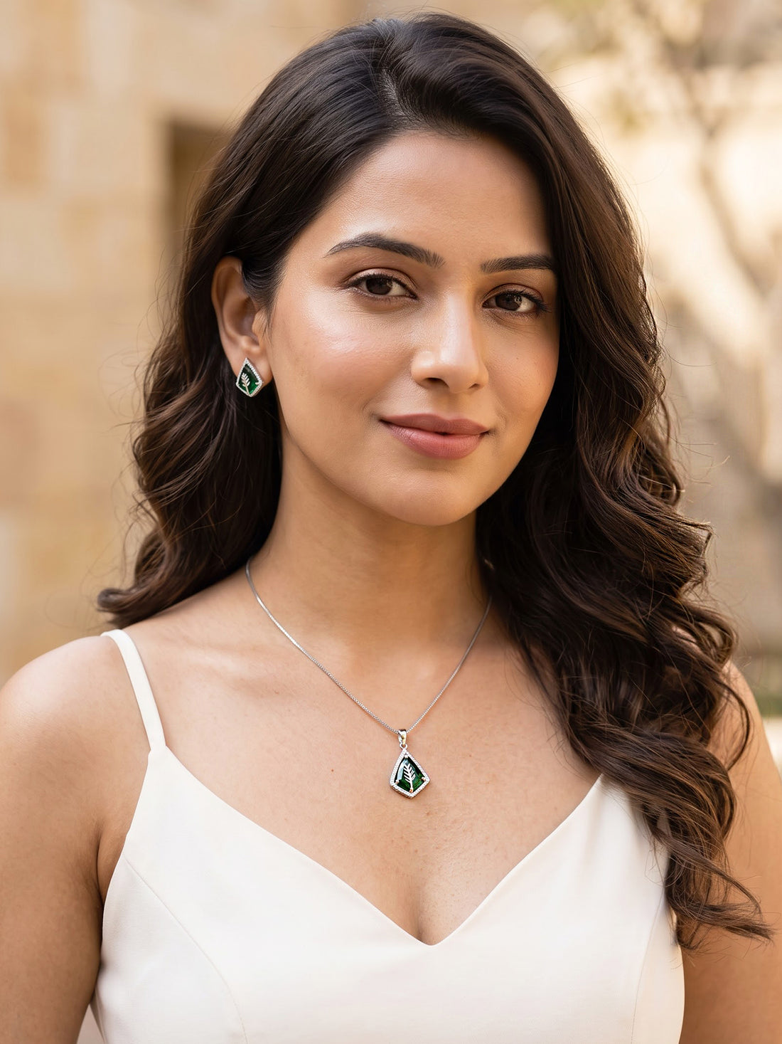 KARATCART Premium Silver-Plated Green American Diamond Leaf Pendant Necklace Set for Women