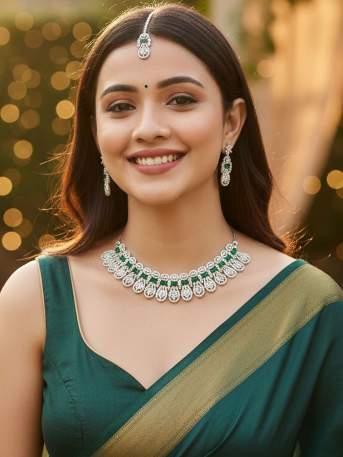 Karatcart Silver Tone Green American Diamond Studded Necklace Set