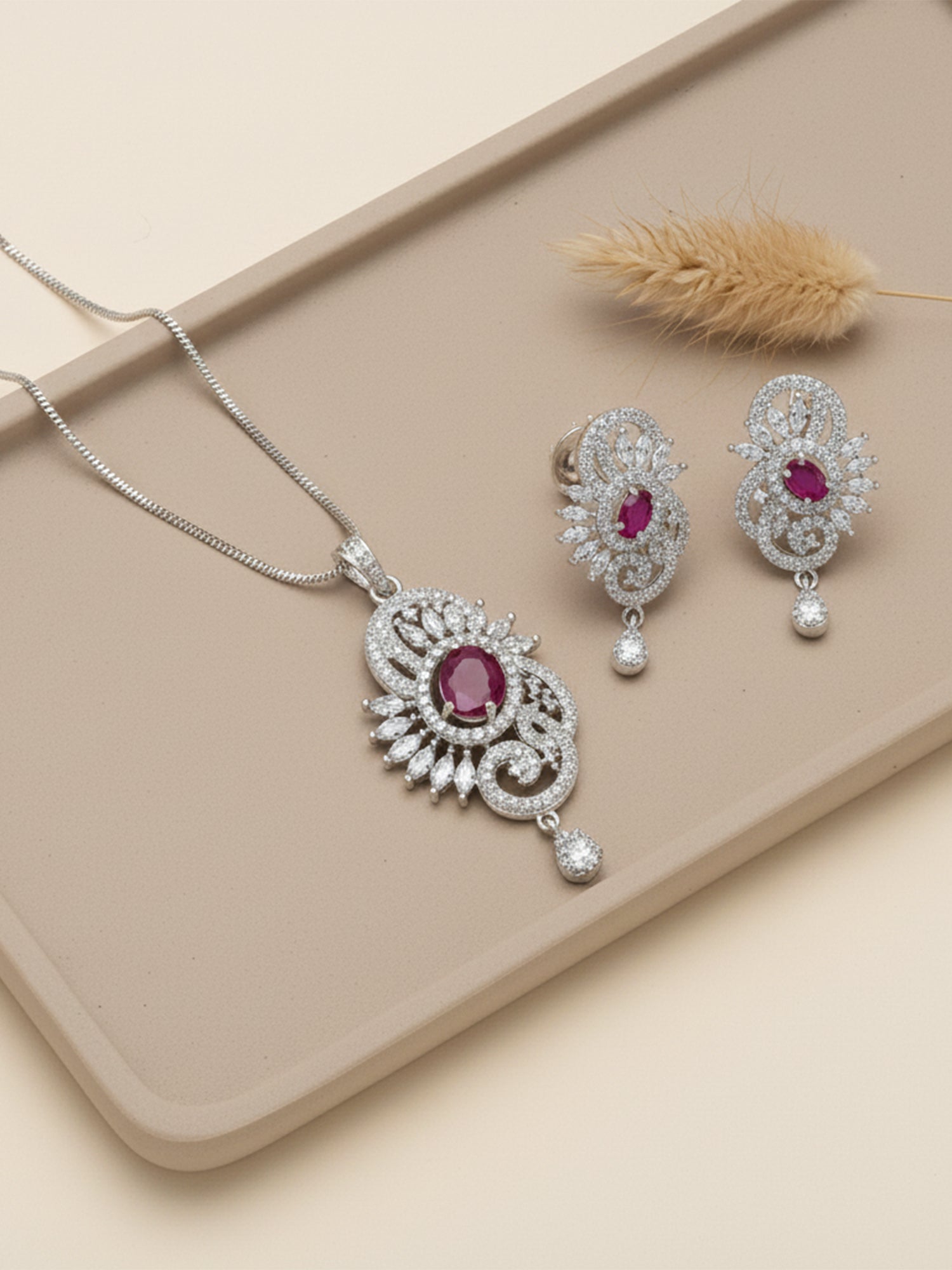 Silver Plated Red American Diamond Studded Pendant Set