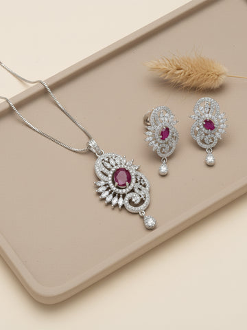 Silver Plated Red American Diamond Studded Pendant Set