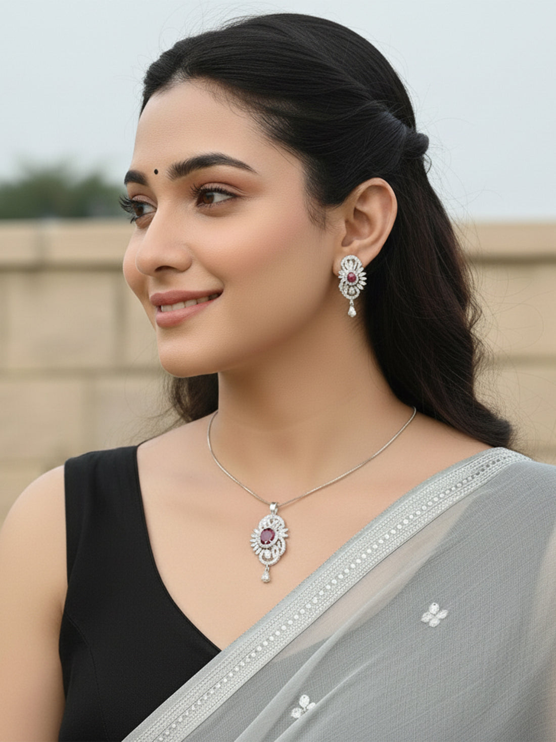 Silver Plated Red American Diamond Studded Pendant Set