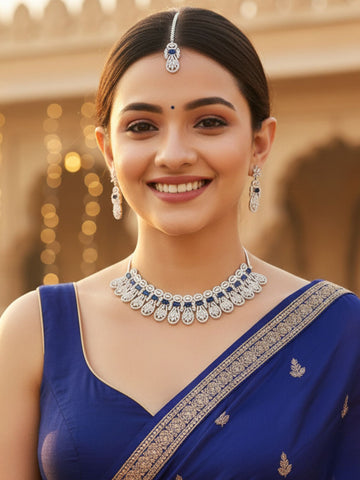 Silver-Plated Blue American Diamond Studded Handcrafted Jewellery Set