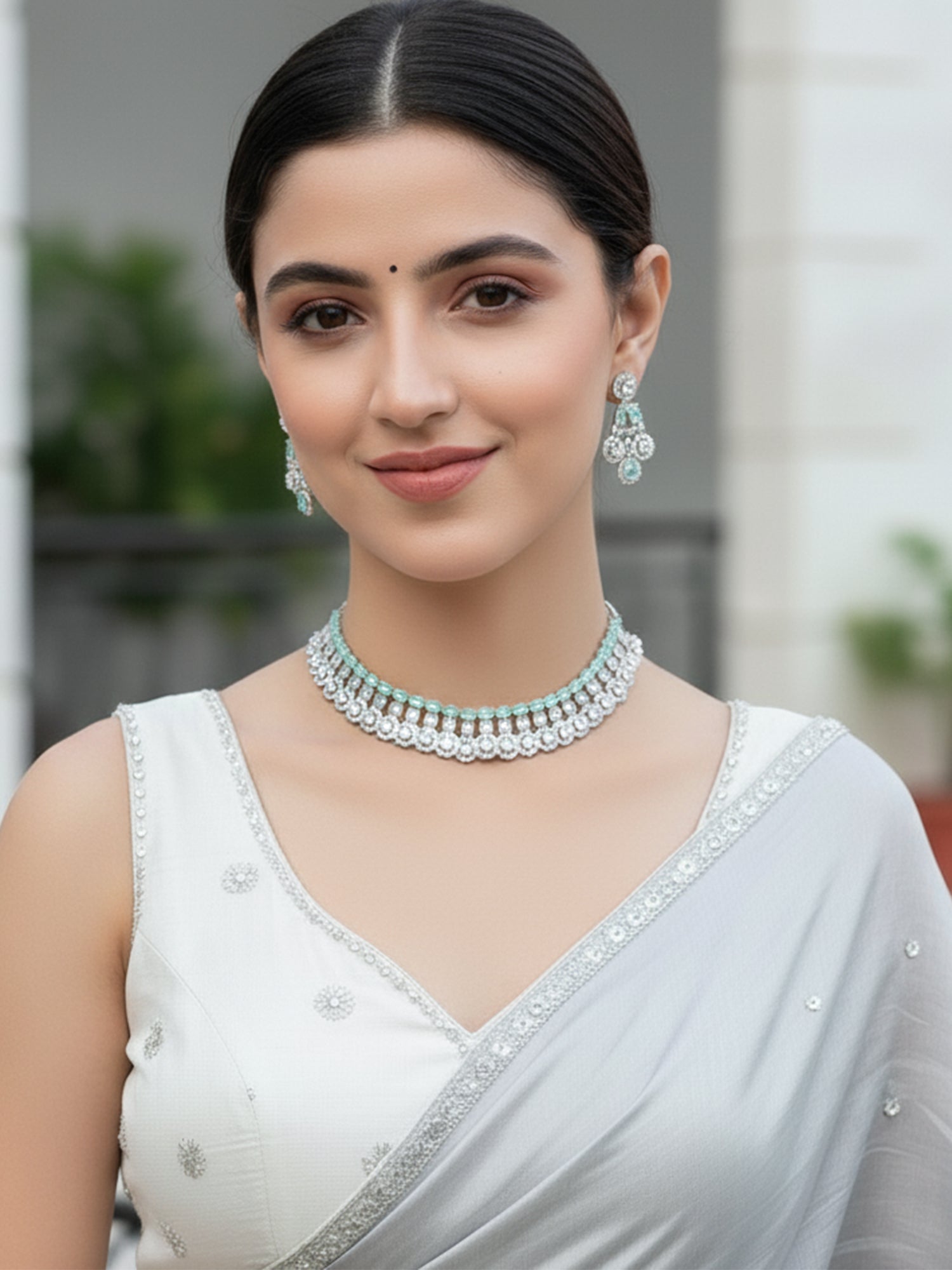 Karatcart Silver Tone Lime Green American Diamond Necklace Set