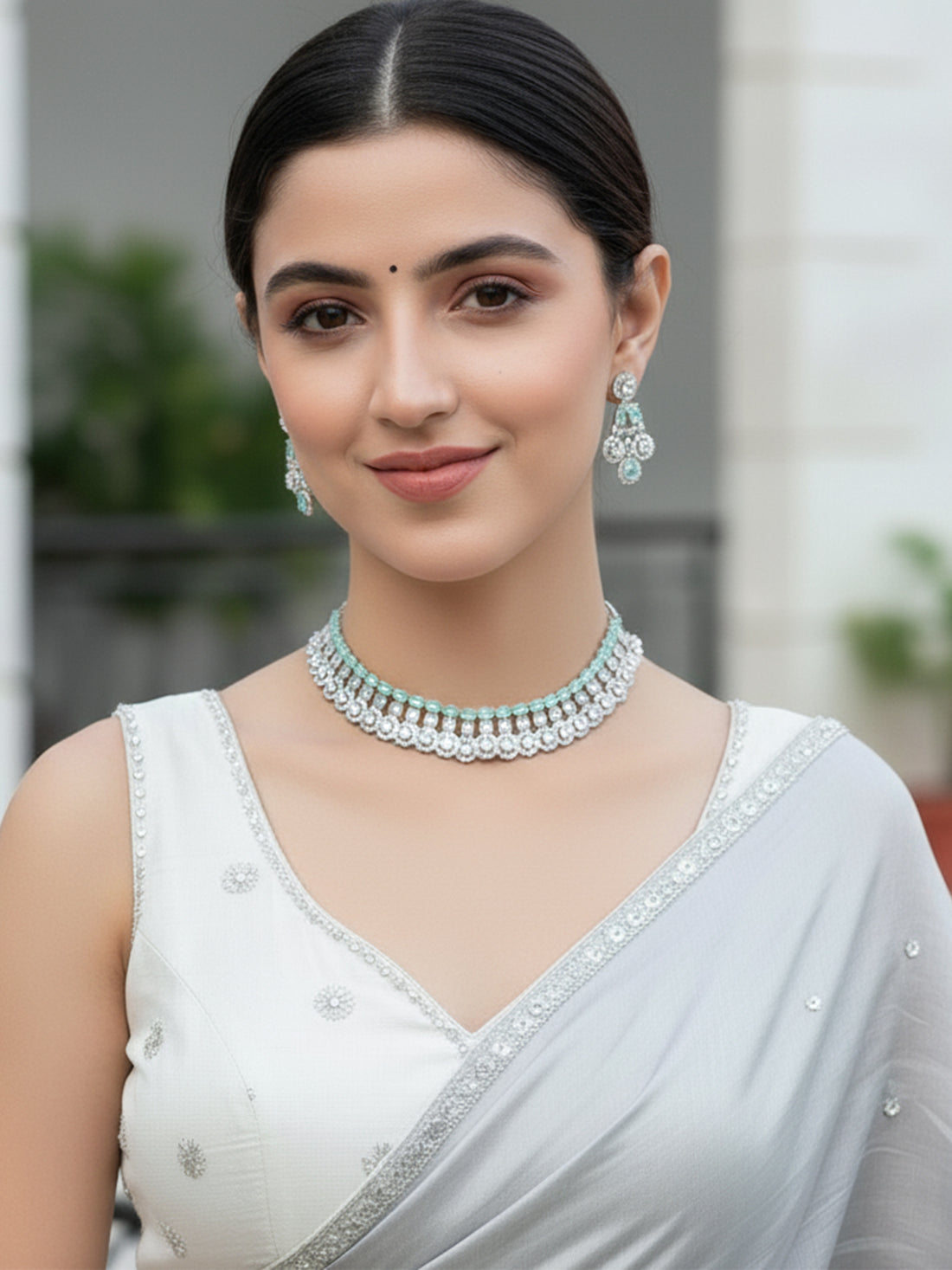 Karatcart Silver Tone Lime Green American Diamond Necklace Set