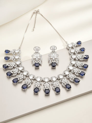 Karatcart Silver Tone Blue  American Diamond Necklace Set