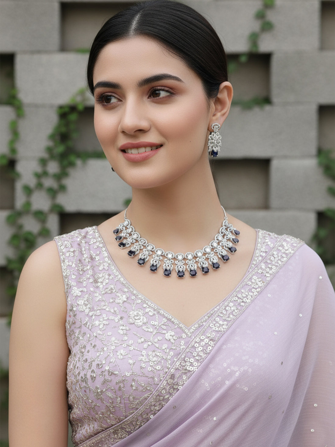 Karatcart Silver Tone Blue  American Diamond Necklace Set