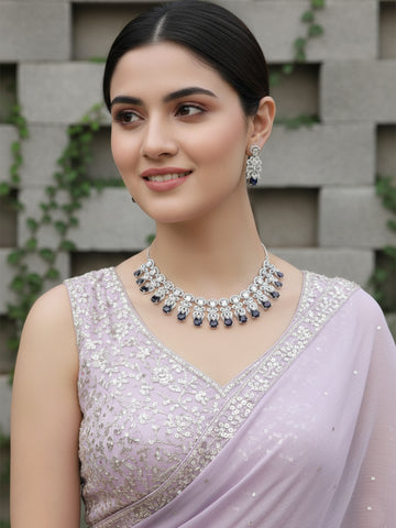 Karatcart Silver Tone Blue  American Diamond Necklace Set