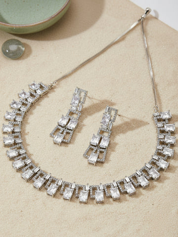 Karatcart Silver Tone American Diamond Studded Necklace Set For Women