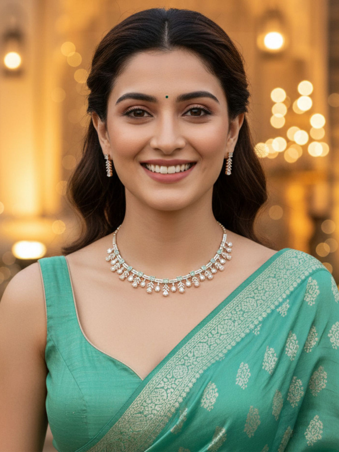 Karatcart Rose Gold Plated White and Lime Green Cubic Zirconia Studded Necklace Set For Women