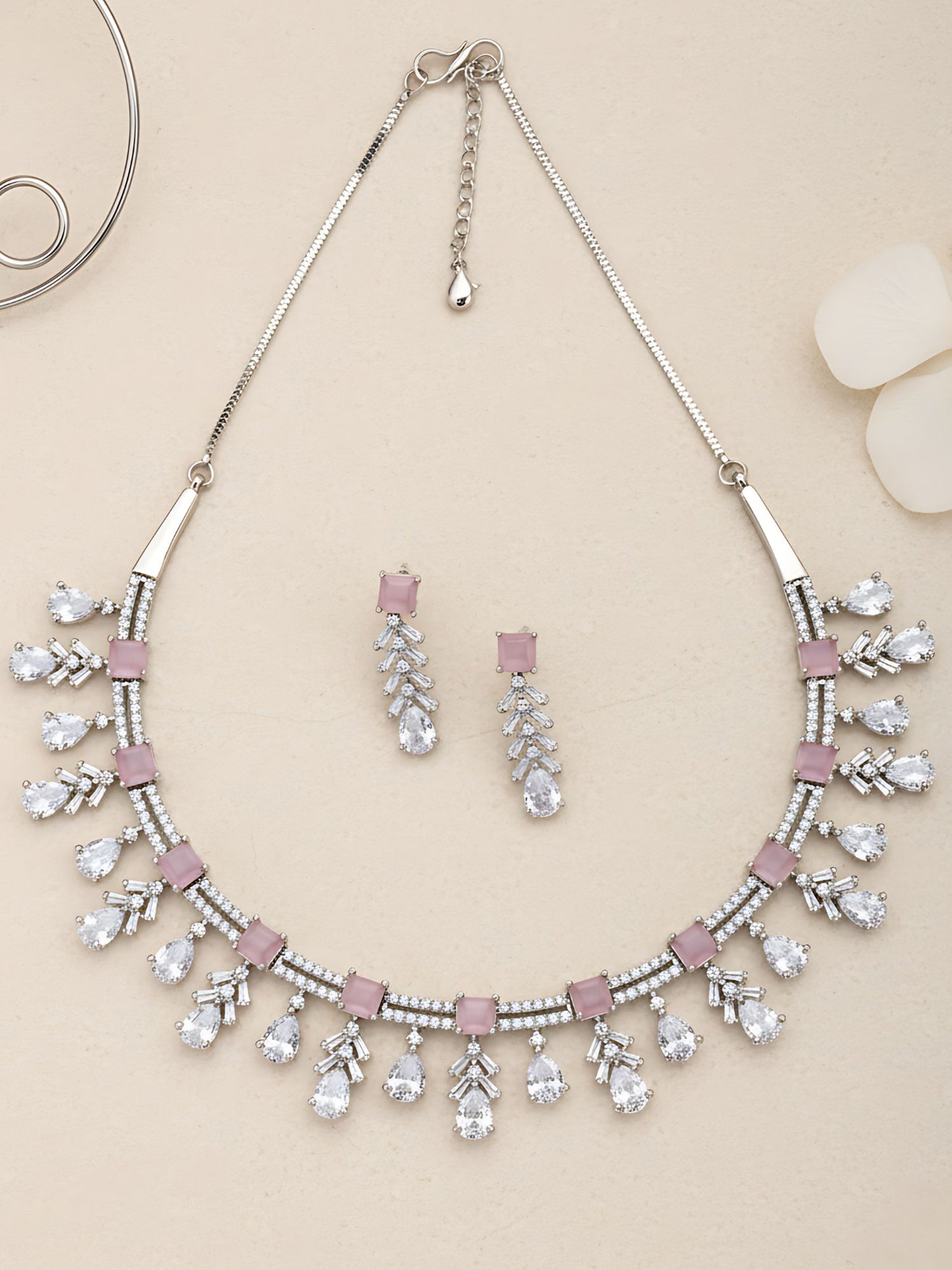 Karatcart Silver Tone Pink Cubic Zirconia Studded Leaf Shape Necklace Set For Women
