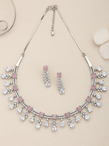 Karatcart Silver Tone Pink Cubic Zirconia Studded Leaf Shape Necklace Set For Women