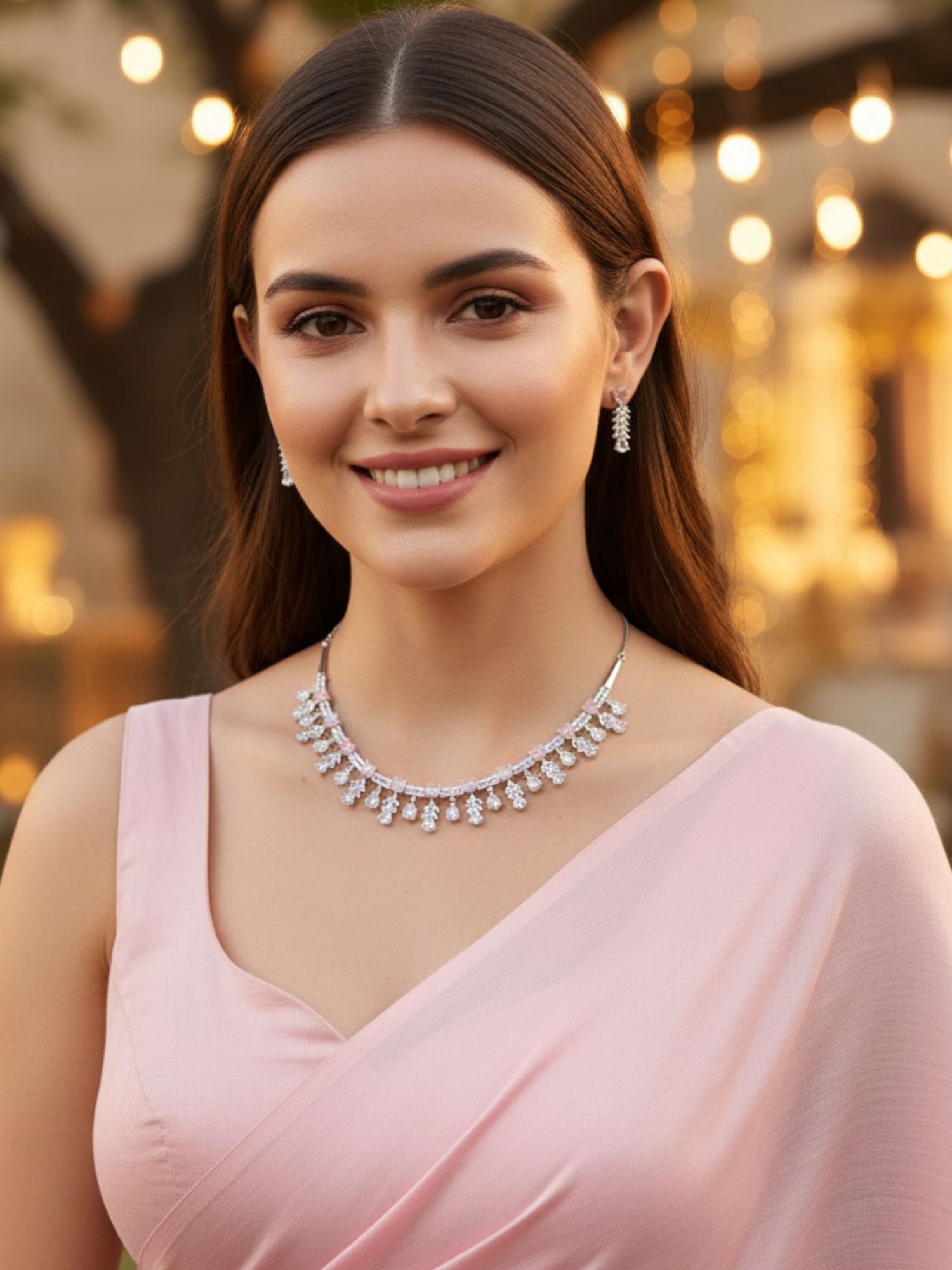 Karatcart Silver Tone Pink Cubic Zirconia Studded Leaf Shape Necklace Set For Women