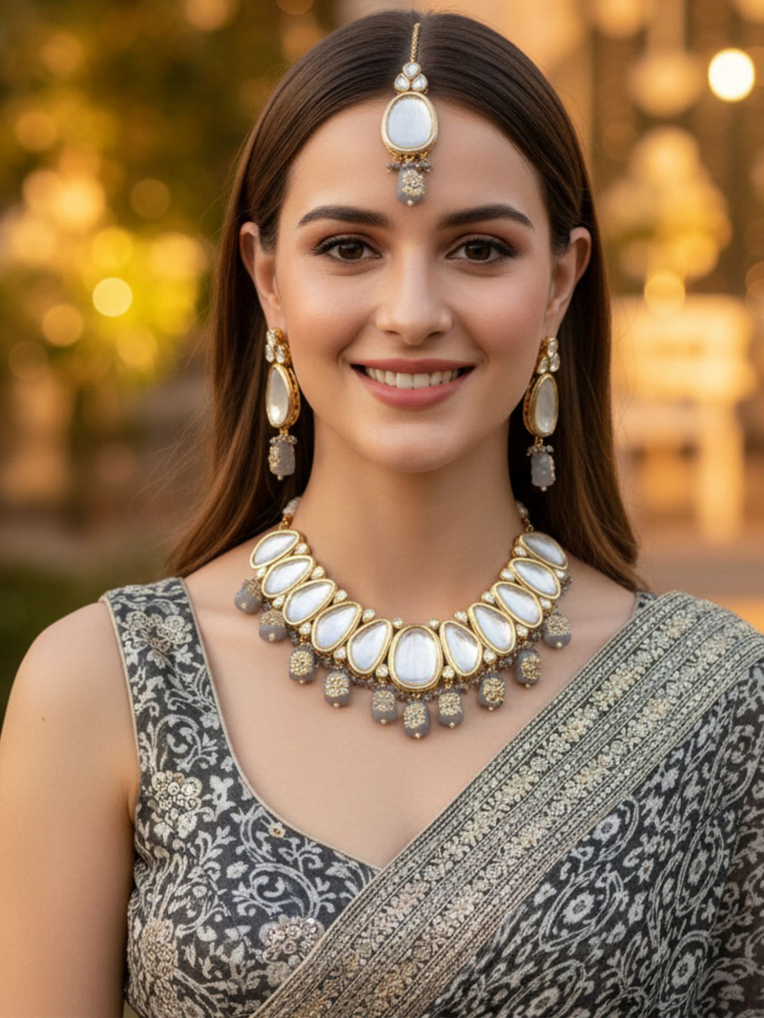Karatcart Grey Tumble Studded Polki Kundan Choker Necklace Set For Women