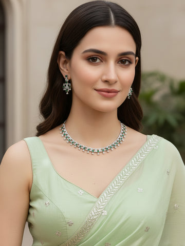 Karatcart Silver Tone Green AD Necklace Set for Women
