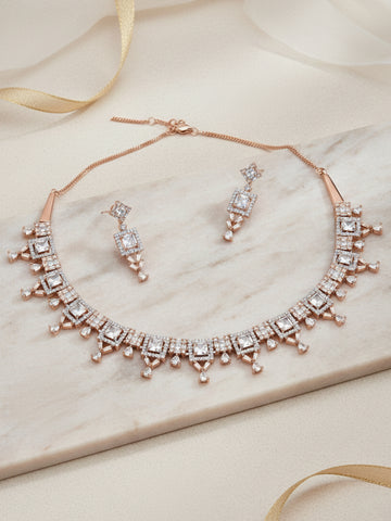 Karatcart Rose Gold Plated American Diamond Necklace Set For Women