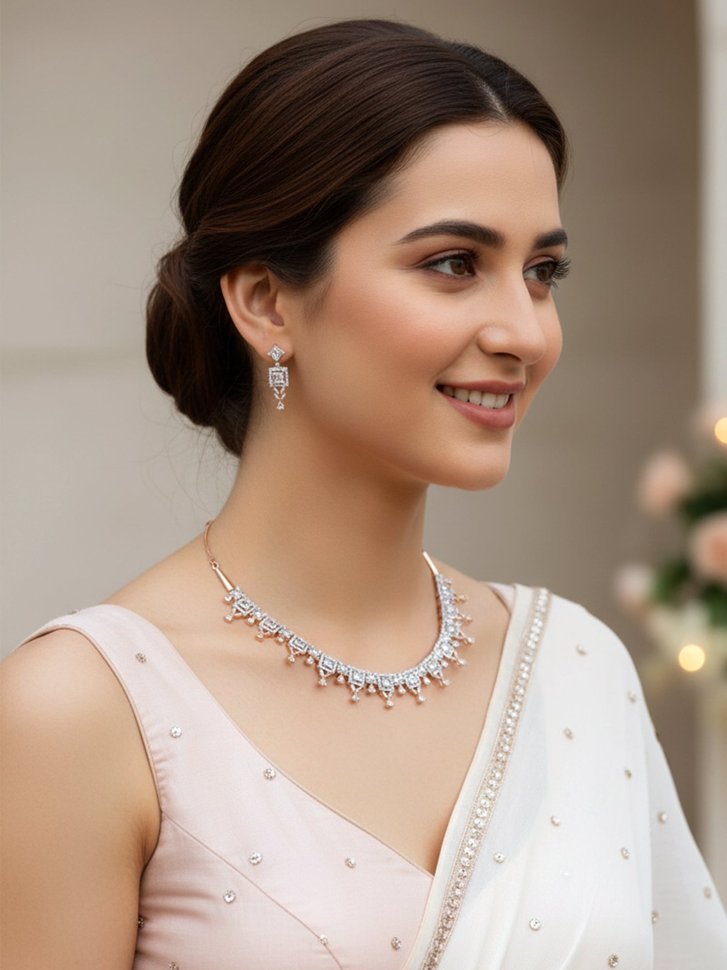 Karatcart Rose Gold Plated American Diamond Necklace Set For Women