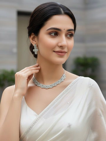 Karatcart Silver American Diamond Studded Necklace Set For Women
