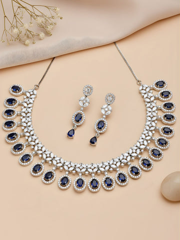 Karatcart Silver Tone Blue American Diamond Studded Necklace Set For Women