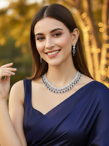 Karatcart Silver Tone Blue American Diamond Studded Necklace Set For Women