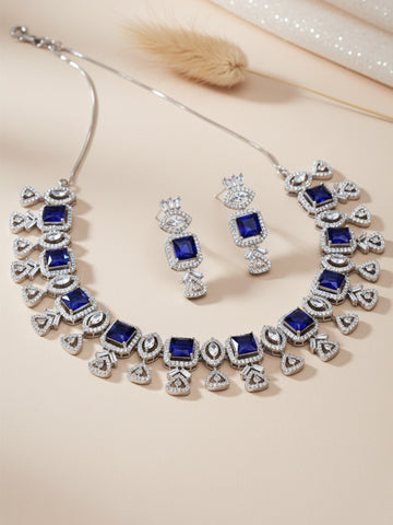 Karatcart Silver Plated Blue Square Shape Cubic Zirconia Necklace Set for Women