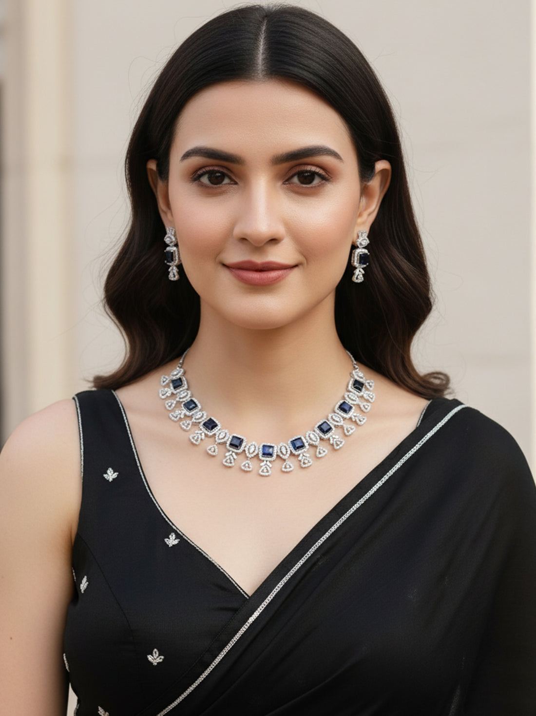 Karatcart Silver Plated Blue Square Shape Cubic Zirconia Necklace Set for Women