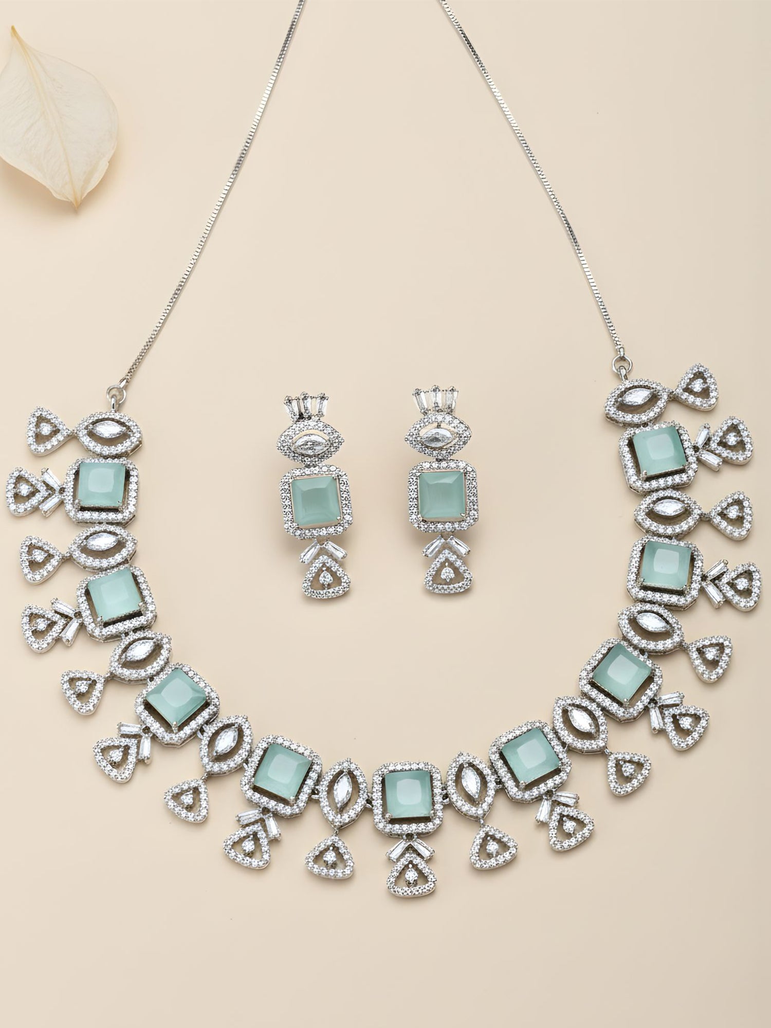 Karatcart Silver Plated Light Green Square Shape Cubic Zirconia Necklace Set for Women