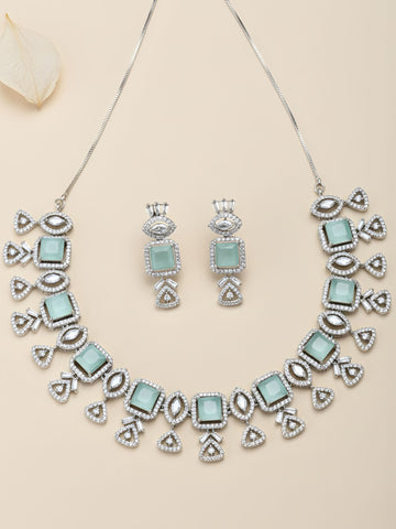 Karatcart Silver Plated Light Green Square Shape Cubic Zirconia Necklace Set for Women