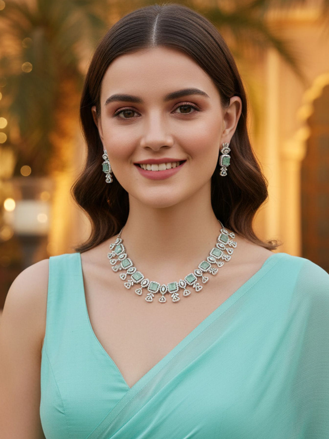 Karatcart Silver Plated Light Green Square Shape Cubic Zirconia Necklace Set for Women