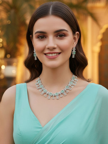 Karatcart Silver Plated Light Green Square Shape Cubic Zirconia Necklace Set for Women