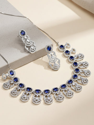 Karatcart Silver Plated Blue Cubic Zirconia Studded Necklace Set for Women