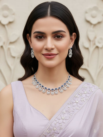 Karatcart Silver Plated Blue Cubic Zirconia Studded Necklace Set for Women