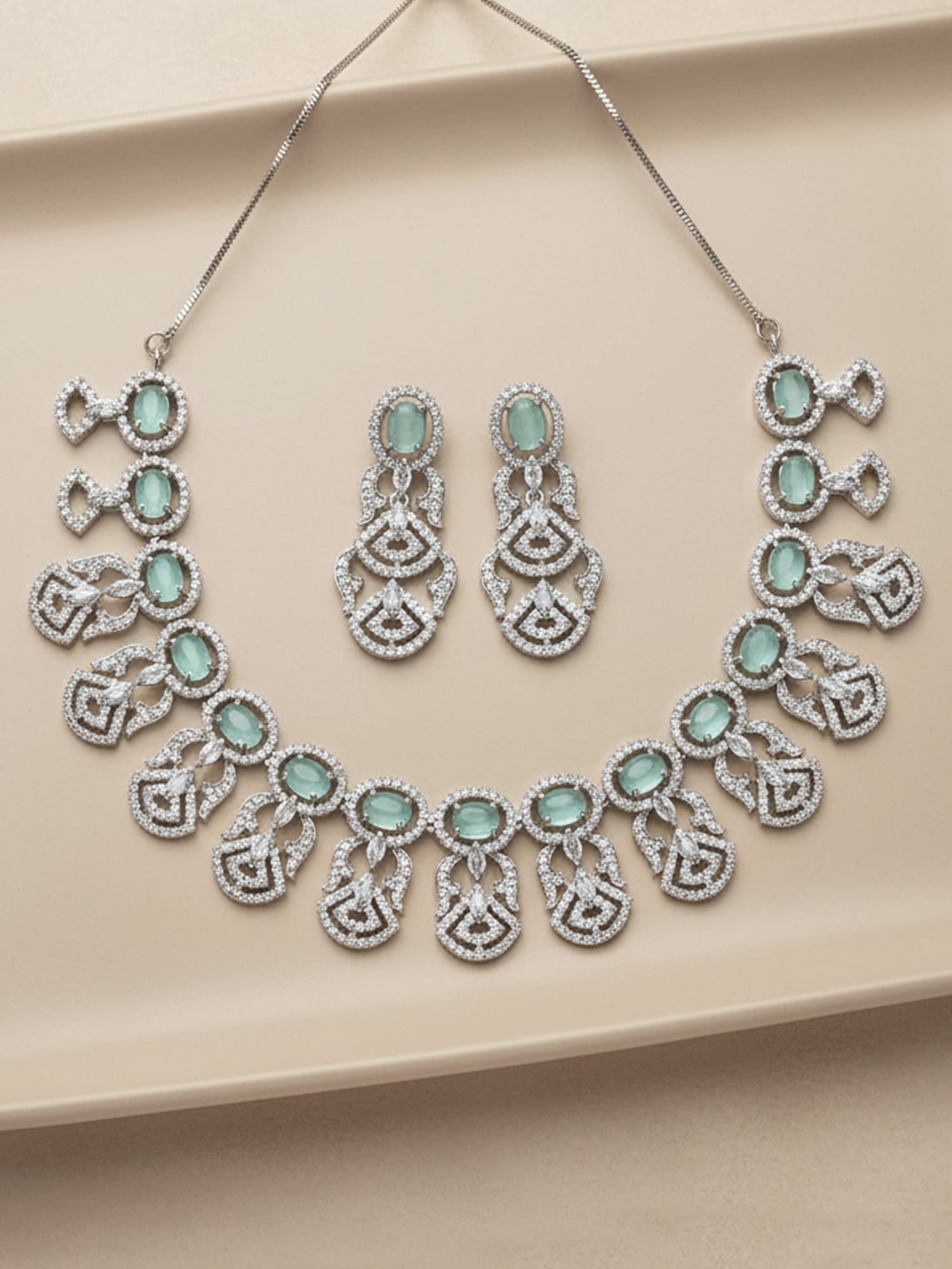 Karatcart Silver Plated Light Green Cubic Zirconia Studded Necklace Set for Women