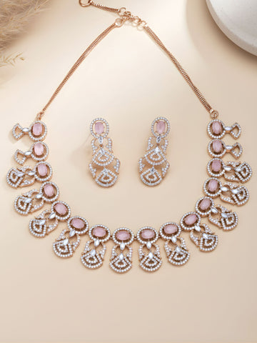 Karatcart Rose Gold Plated Pink Cubic Zirconia Studded Necklace Set for Women