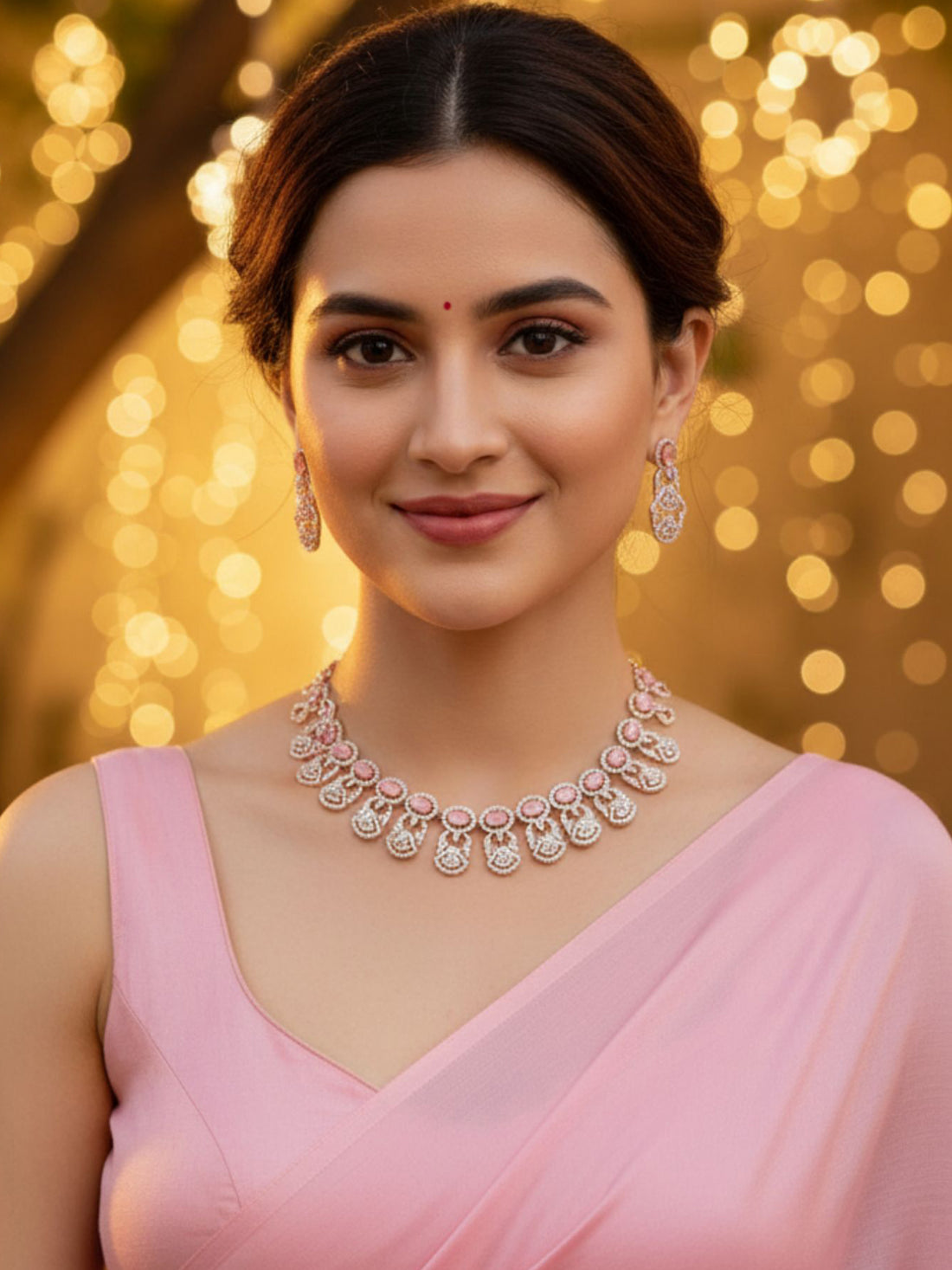 Karatcart Rose Gold Plated Pink Cubic Zirconia Studded Necklace Set for Women