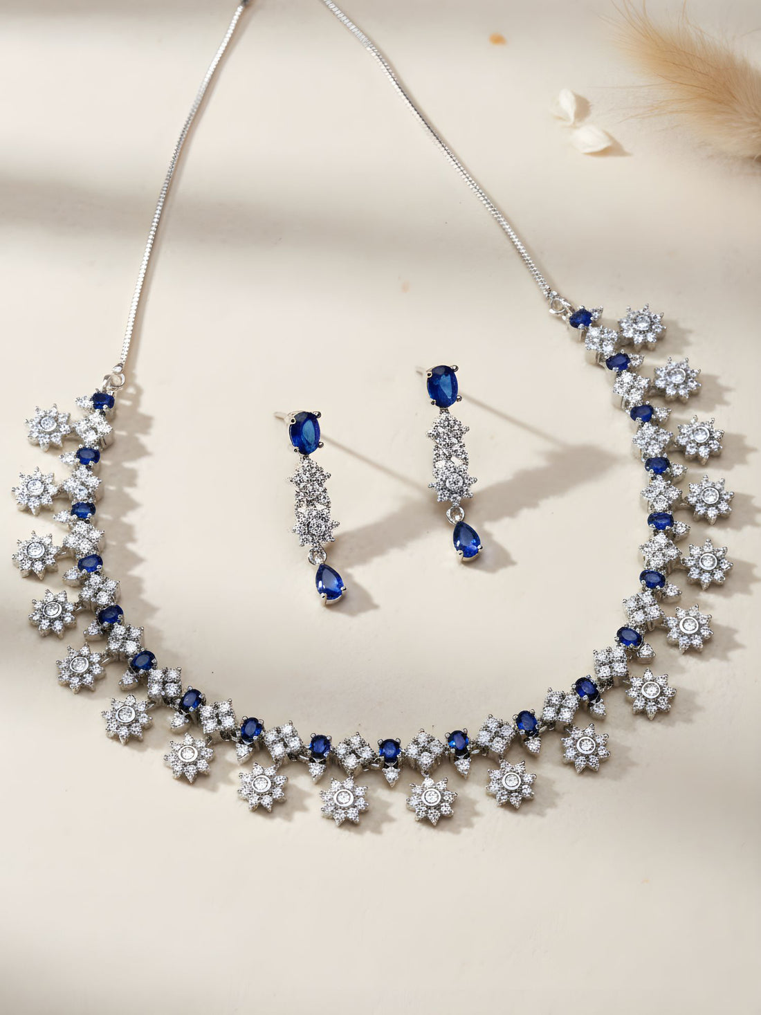 Karatcart Silver Plated Star Shape Blue Cubic Zirconia Studded Necklace Set for Women