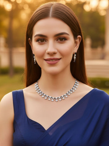 Karatcart Silver Plated Star Shape Blue Cubic Zirconia Studded Necklace Set for Women