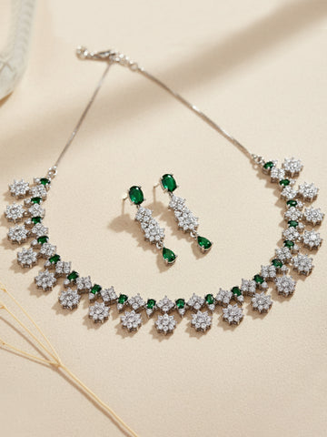 Karatcart Silver Plated Star Shape Green Cubic Zirconia Studded Necklace Set for Women