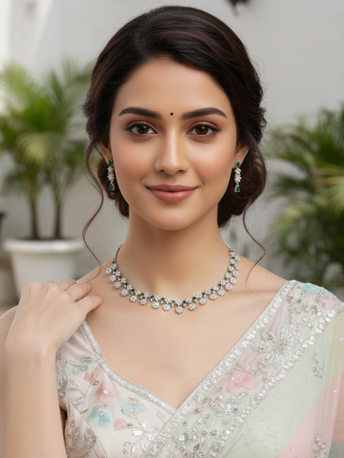 Karatcart Silver Plated Star Shape Green Cubic Zirconia Studded Necklace Set for Women