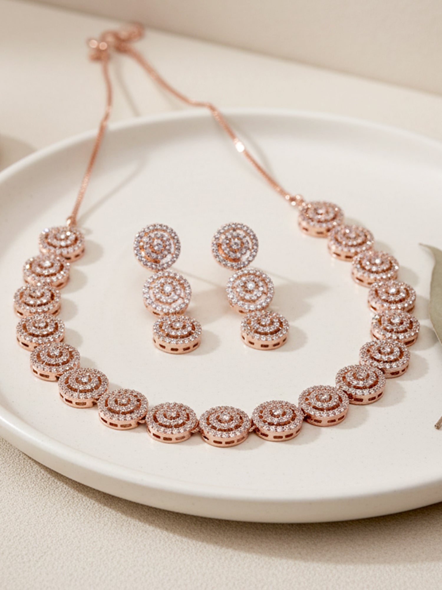 Karatcart Rose Gold Plated Round Design CZ Stone Studded Jewellery Set