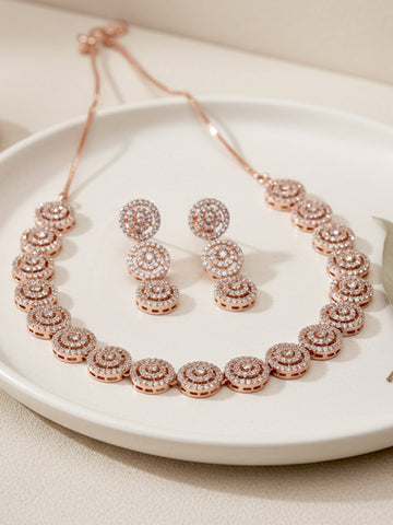Karatcart Rose Gold Plated Round Design CZ Stone Studded Jewellery Set