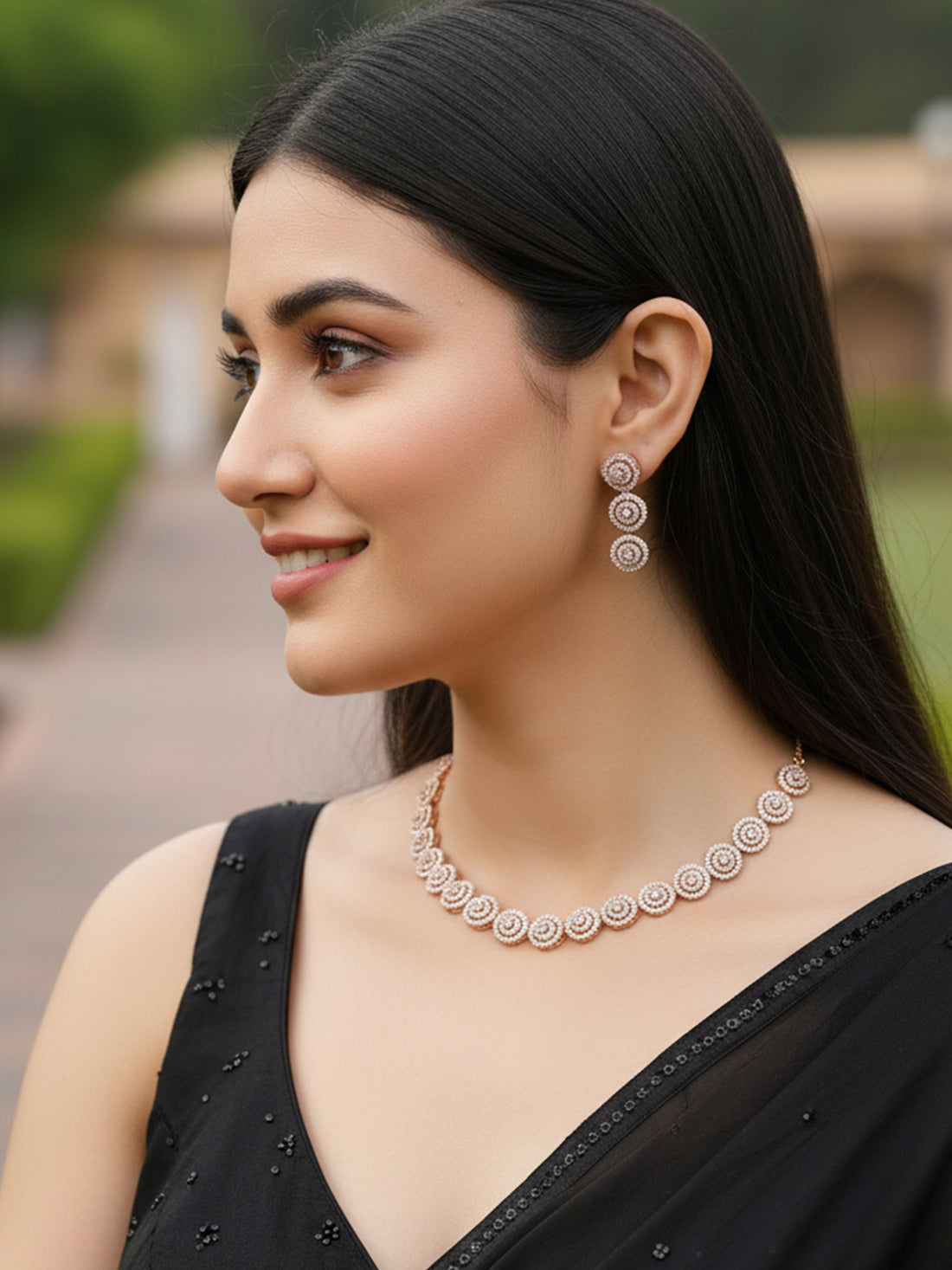 Karatcart Rose Gold Plated Round Design CZ Stone Studded Jewellery Set