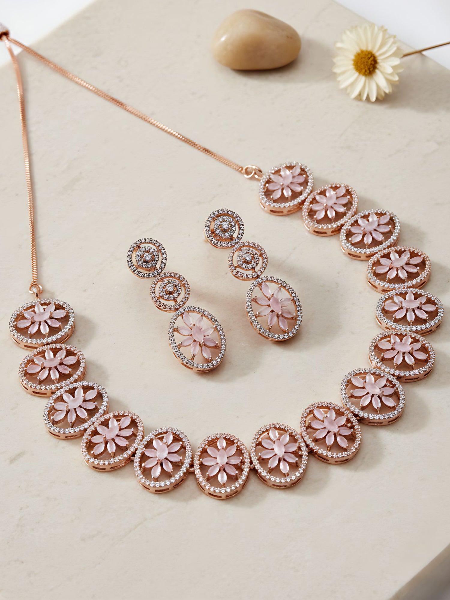 Karatcart Rose Gold Plated Pink Floral CZ Stone Studded Jewellery Set