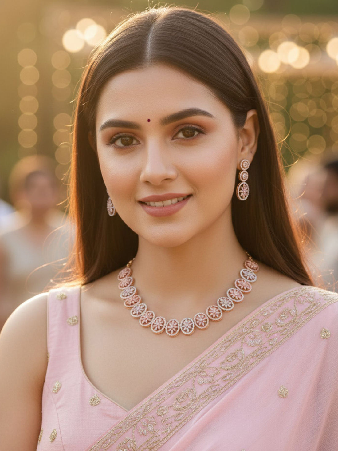 Karatcart Rose Gold Plated Pink Floral CZ Stone Studded Jewellery Set